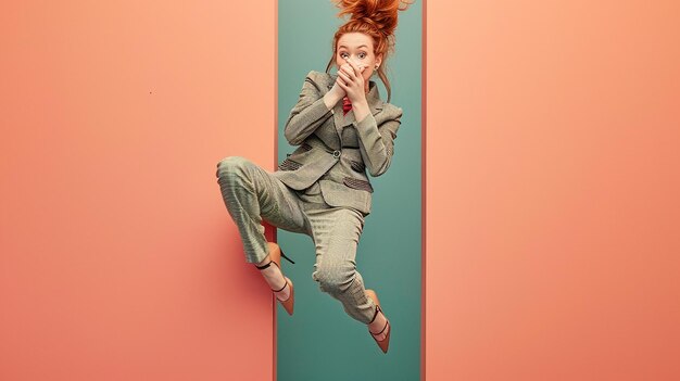 a woman with red hair is jumping in a mirror