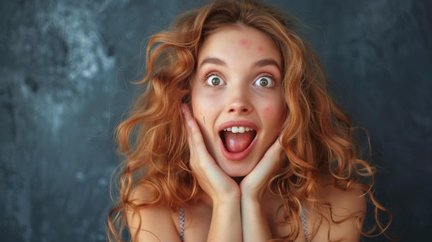 a woman with red hair is looking up to the camera