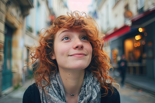 Photo a woman with red hair is looking up at the sky