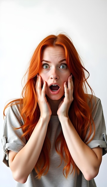 a woman with red hair is looking up with a surprised expression