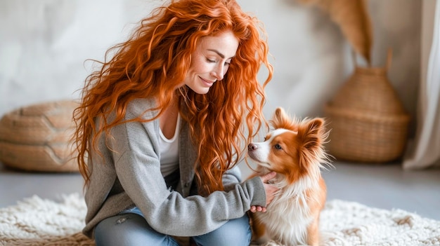 A woman with red hair is petting a dog