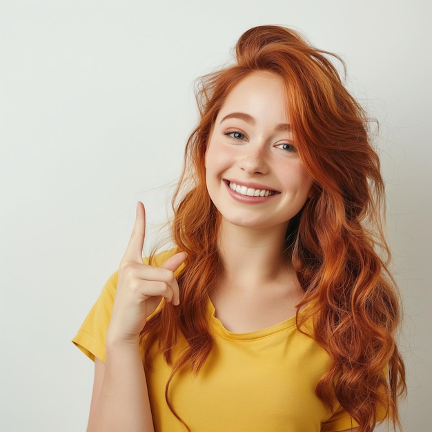 Photo a woman with red hair is pointing to the right