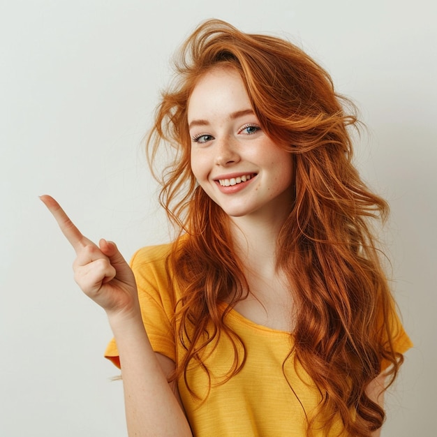 a woman with red hair is pointing to the right