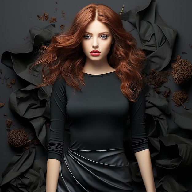 a woman with red hair is posing in front of a black background