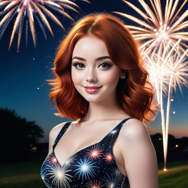 a woman with red hair is posing in front of fireworks