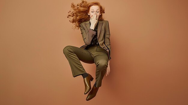 Photo a woman with red hair is sitting on a chair and her hand is in her mouth