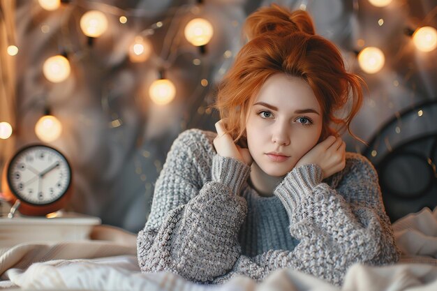 a woman with red hair is sitting in front of a christmas tree