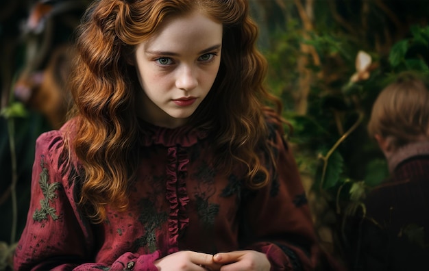 a woman with red hair is sitting in front of a plant