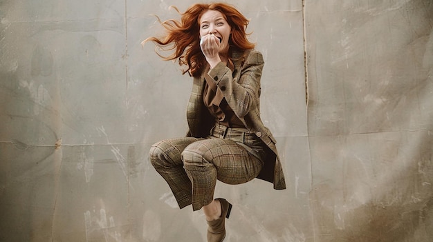 a woman with red hair is sitting on a stool and she is holding her mouth open