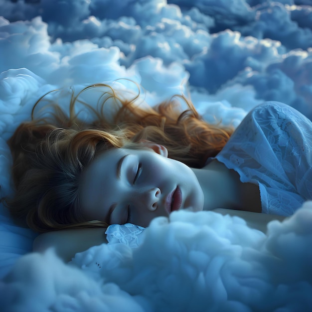 Photo a woman with red hair is sleeping in the clouds