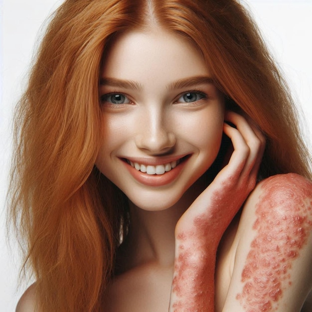 Photo a woman with red hair is smiling and holding a hand up to her face