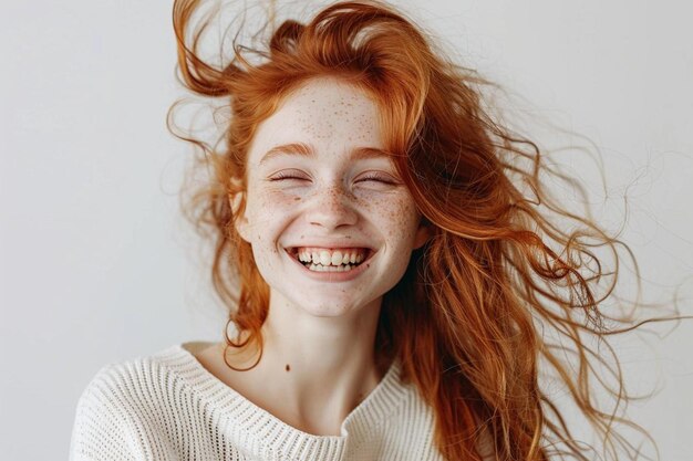 A woman with red hair is smiling and wearing a white sweater