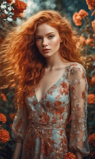 a woman with red hair is standing in a forest with orange flowers