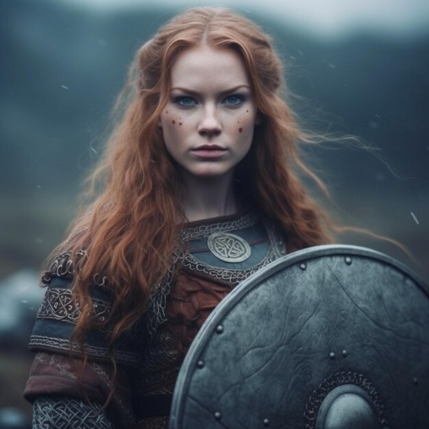 Photo a woman with red hair is standing in front of a shield