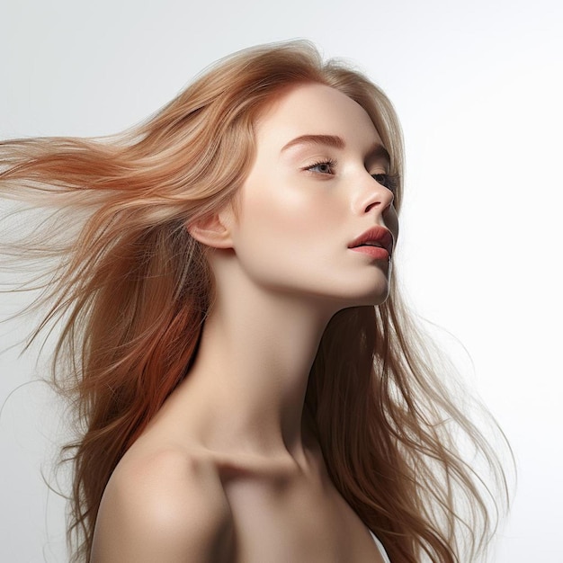 a woman with red hair is standing in front of a white background.