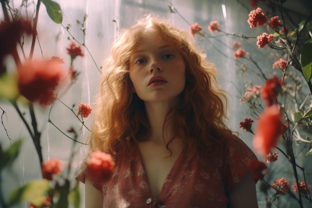 a woman with red hair is standing in front of a window with flowers