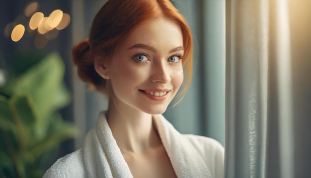 Photo a woman with red hair is standing in front of a window with a white towel over her head