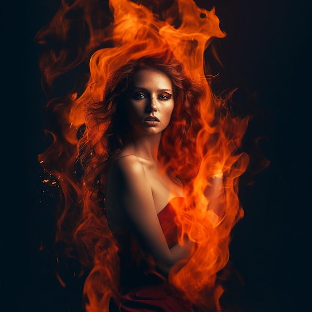 A woman with red hair is surrounded by fire flames.