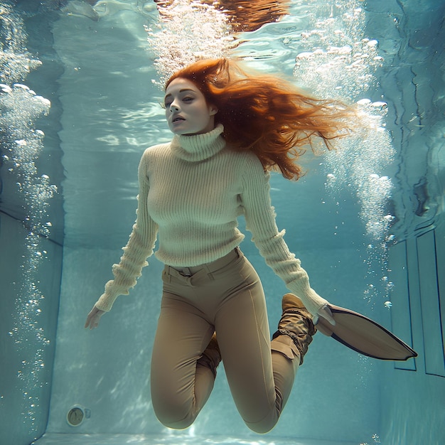 A woman with red hair is swimming under a water board