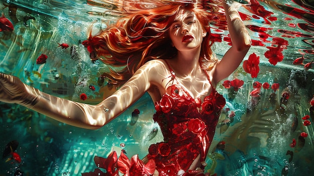 a woman with red hair is swimming in the water