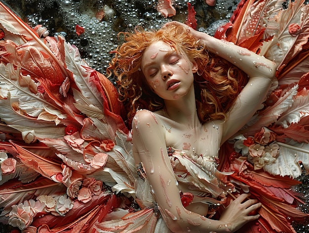 a woman with red hair laying on a bed with a red and white dress