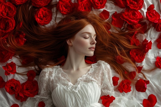 Photo a woman with red hair laying on a bed with roses