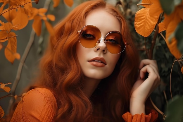 A woman with red hair and orange sunglasses stands in front of a plant.