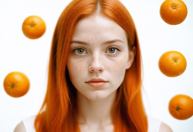 a woman with red hair and oranges on the face