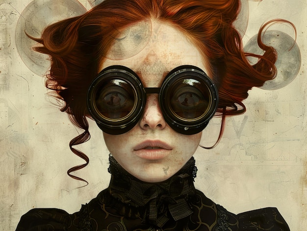 a woman with red hair and a pair of goggles