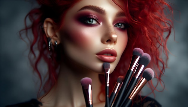 Photo a woman with red hair and a pink eye shadow on her face