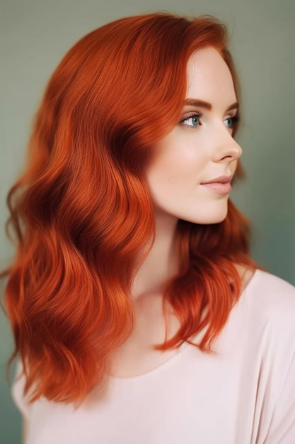 A woman with red hair and a pink shirt