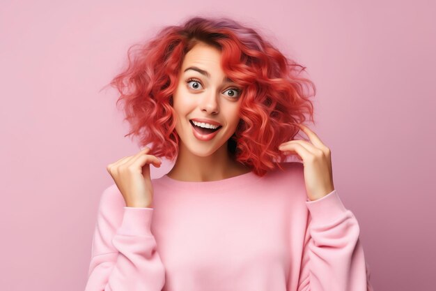 A woman with red hair and a pink sweater smiles and holds her hands up in front of a pink background