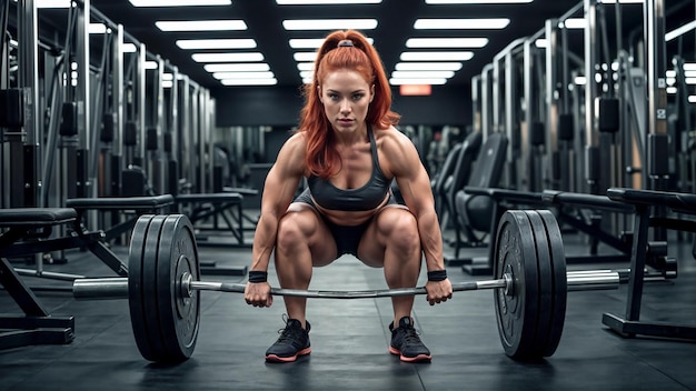 Photo a woman with red hair in a ponytail is in a gym lifting weights