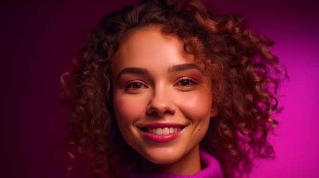 A woman with red hair and a purple sweater smiles at the camera.