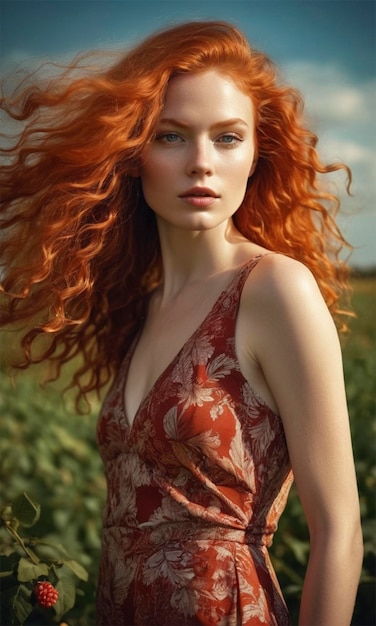 a woman with red hair and a red dress with a white flower on the top