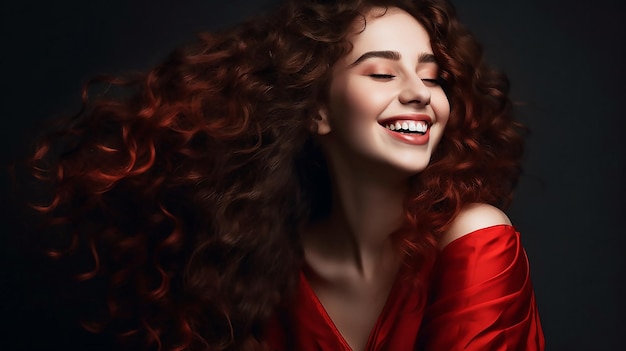 A woman with red hair and a red dress