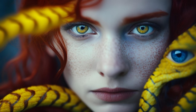 A woman with red hair and red eyes with a yellow snake around her neck.