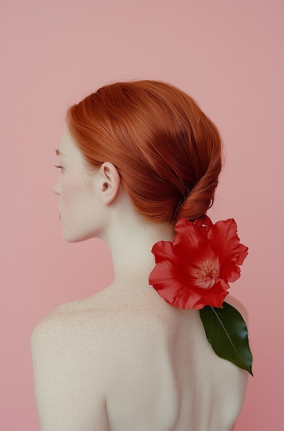 a woman with red hair and red flowers in her hair