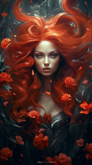 A woman with red hair and red flowers