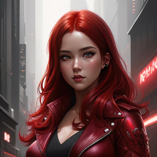 A woman with red hair and a red jacket is standing in a city.