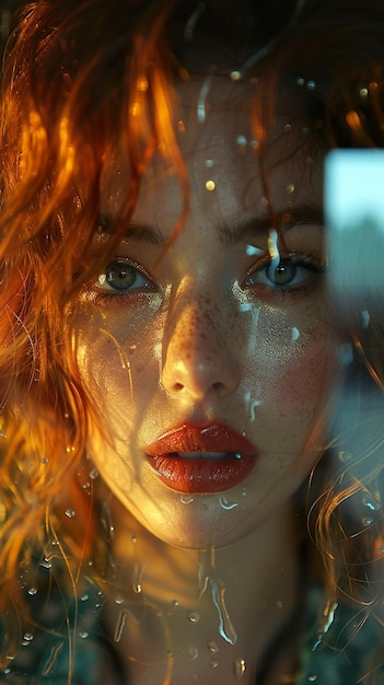 a woman with red hair and a red lip and a reflection of her face