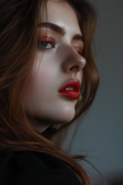 a woman with red hair and a red lip