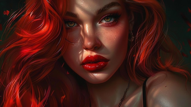 a woman with red hair and a red lips has a red lips