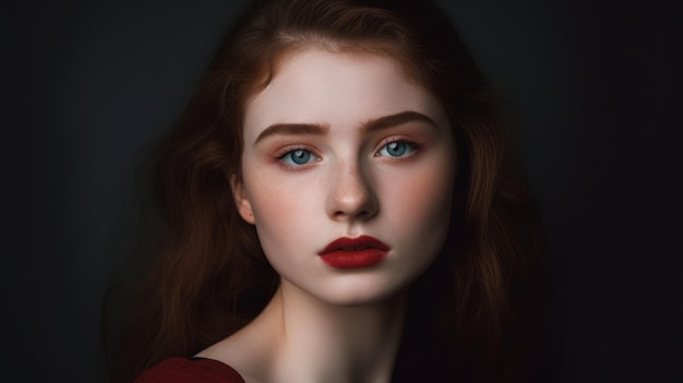 A woman with red hair and red lips looks into the camera.