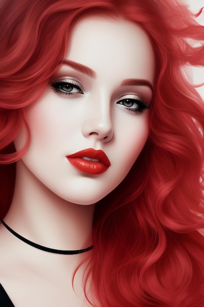 a woman with red hair and a red lipstick on her face with a black and white background is shown h