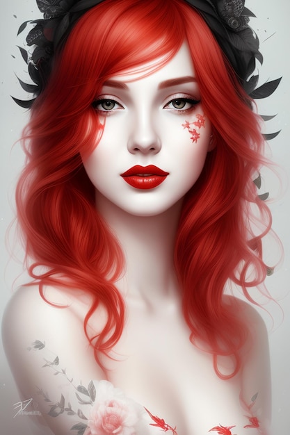 a woman with red hair and a red lipstick on her face with a black and white background is shown h