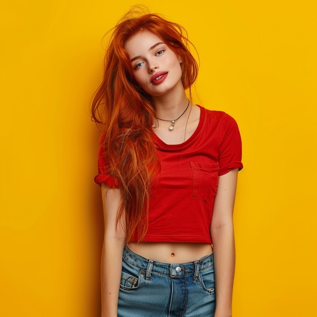 Photo a woman with red hair and a red shirt is posing against a yellow background