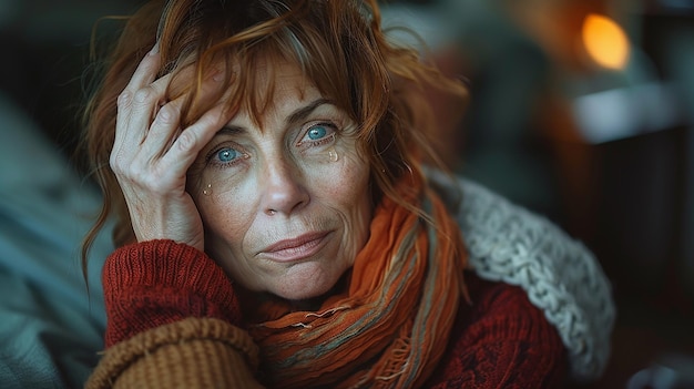 a woman with red hair and a scarf is sitting on a chair