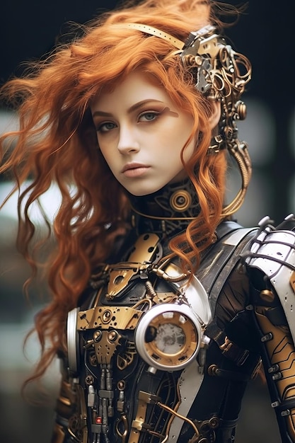 A woman with red hair and a silver armor