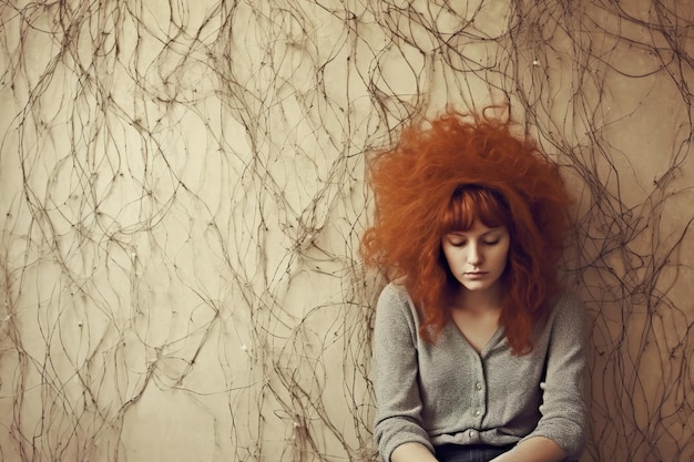 A woman with red hair sits in front of a wall with a wall behind her